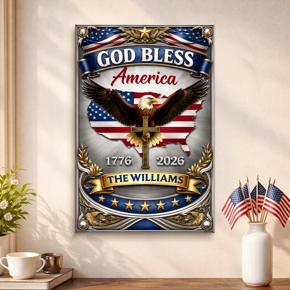 250th Anniversary God Bless America Metal Sign - Custom Name Eagle Decor