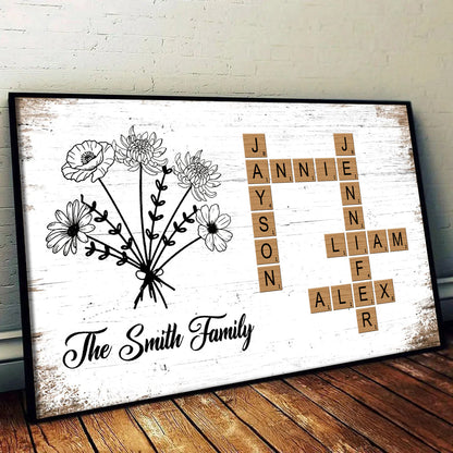 Family Bloom Puzzle: Personalized Poster / Canvas - Birth Flower Crossword Art for Loved Ones