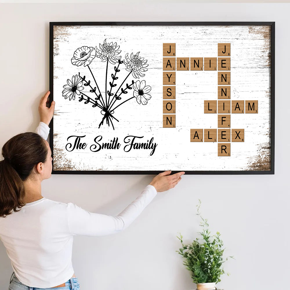Family Bloom Puzzle: Personalized Poster / Canvas - Birth Flower Crossword Art for Loved Ones