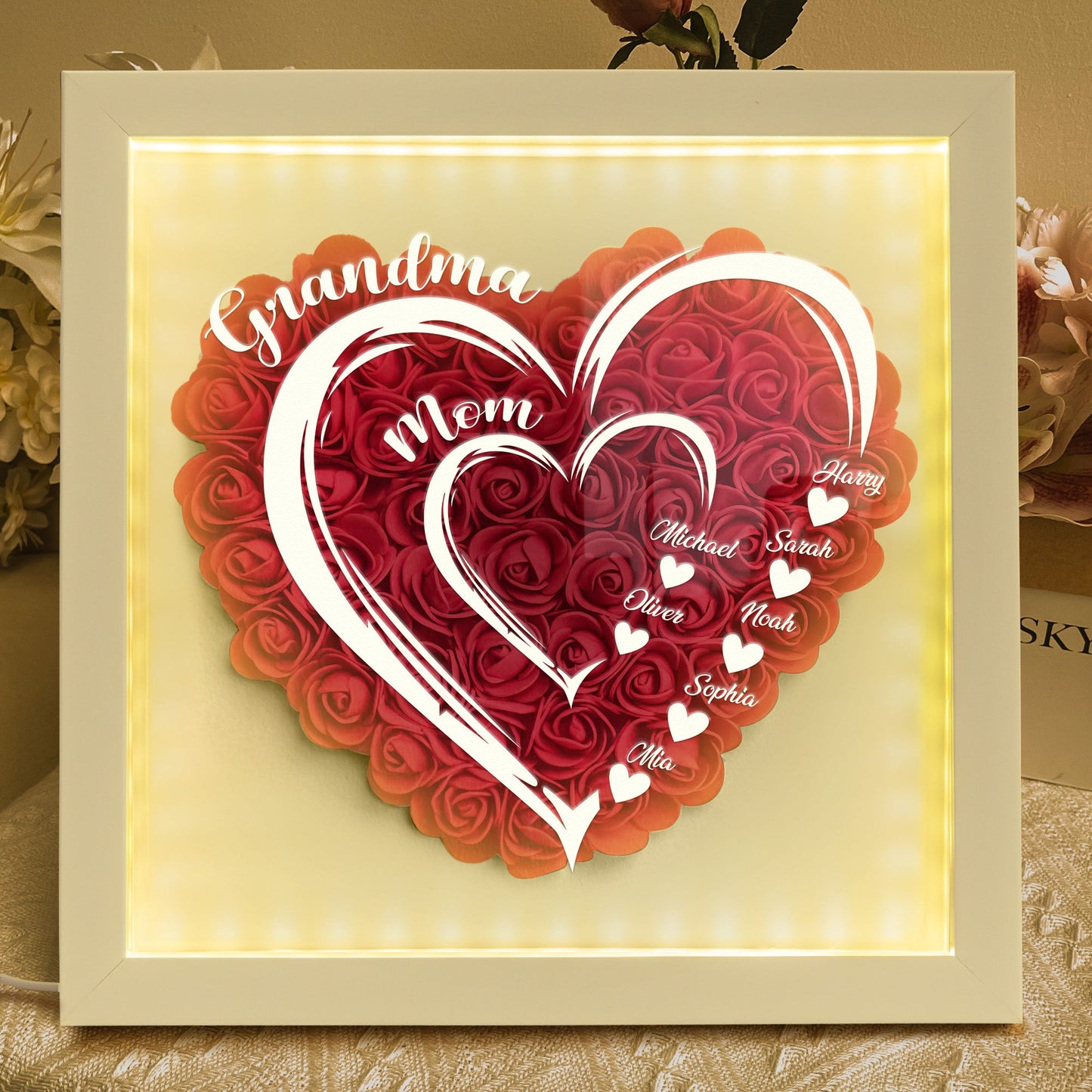 Heartfelt Custom LED Flower Shadow Box for Mom, Grandma & Kids' Names