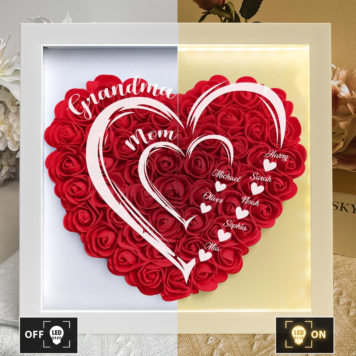 Heartfelt Custom LED Flower Shadow Box for Mom, Grandma & Kids' Names