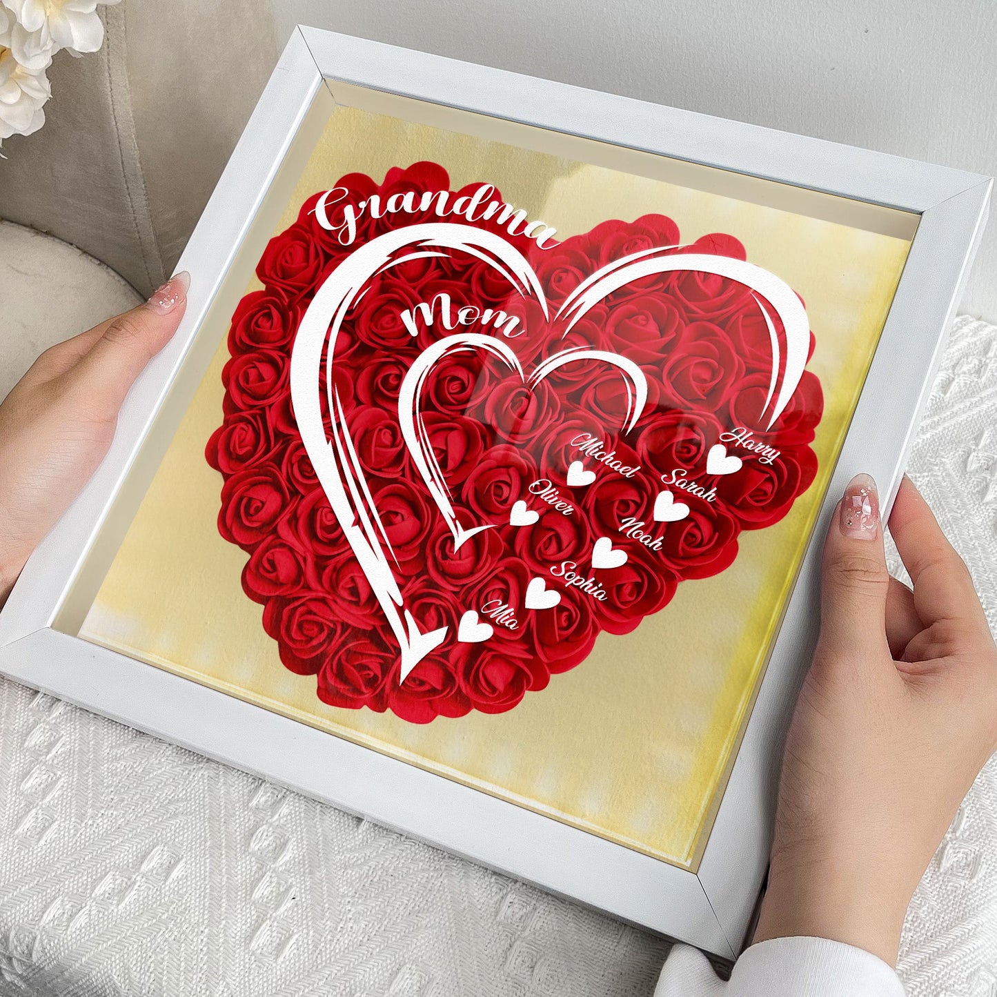 Heartfelt Custom LED Flower Shadow Box for Mom, Grandma & Kids' Names