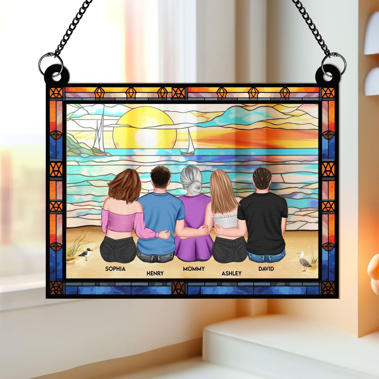 Mom & Children Sitting On The Beach - Personalized Window Hanging Suncatcher Ornament