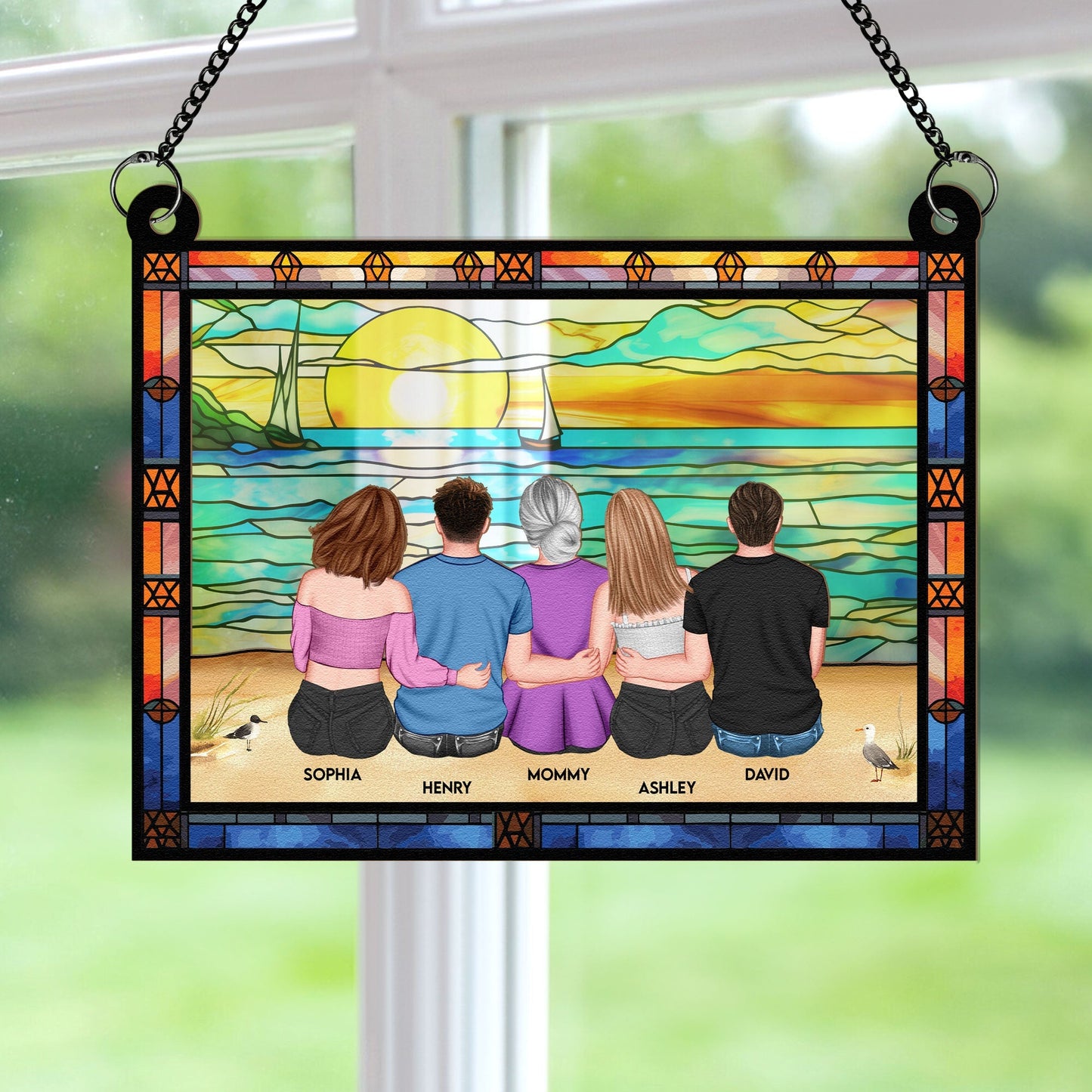 Mom & Children Sitting On The Beach - Personalized Window Hanging Suncatcher Ornament