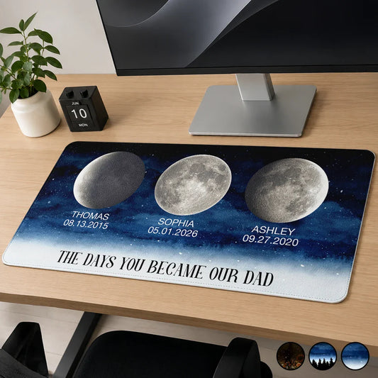 Custom moon phase desk mat with children names and dates - personalized leather desk pad gift for parents