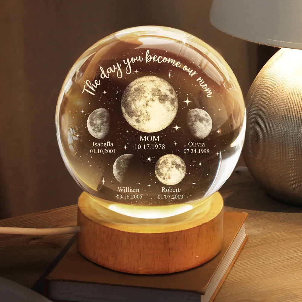 Gift For Grandma,Gift For Mother,Happy - Moon Phase We Love You To The Moon And Back - Personalized Crystal Globe Lamp