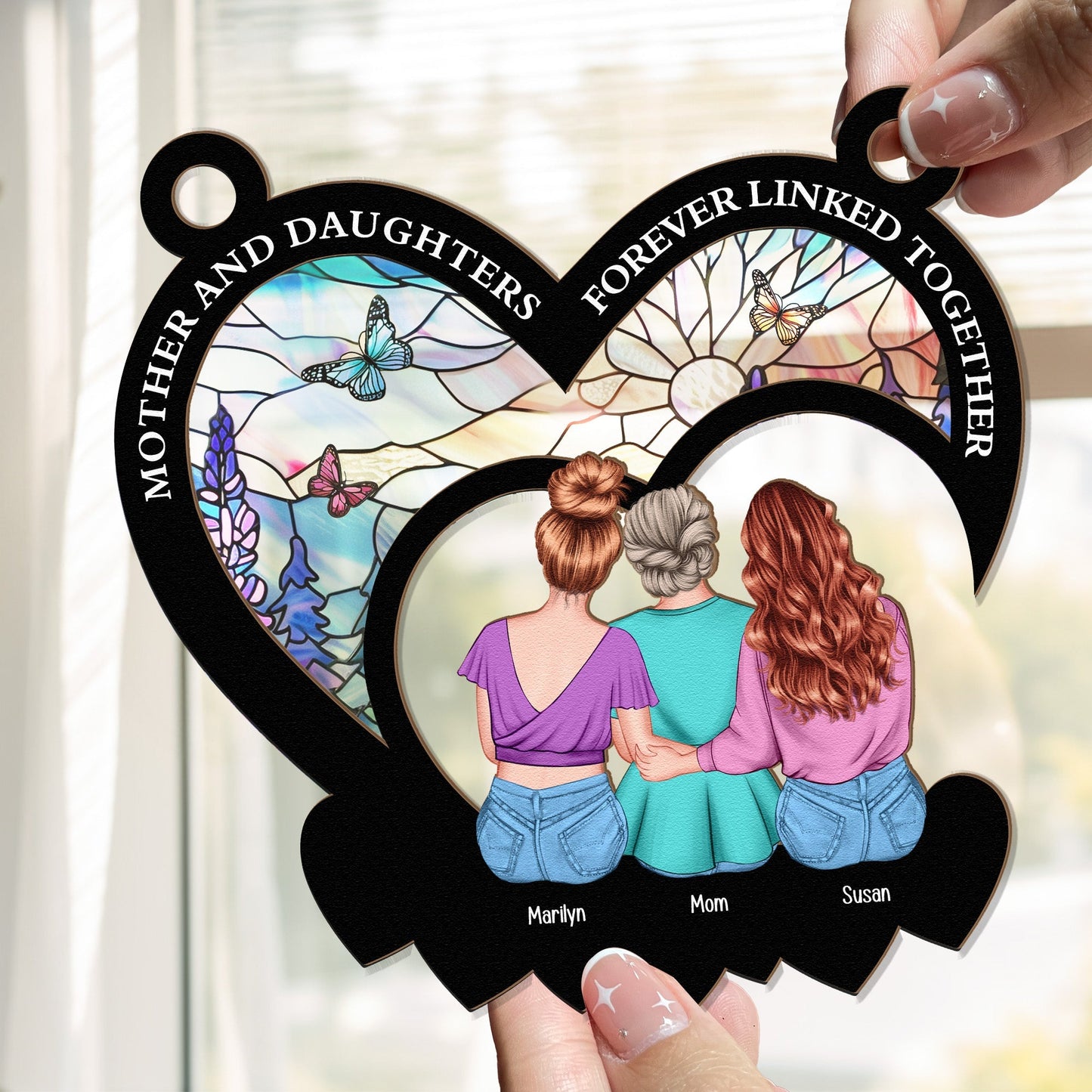 Mother And Daughters Forever Linked Together - Personalized Window Hanging Suncatcher Ornament