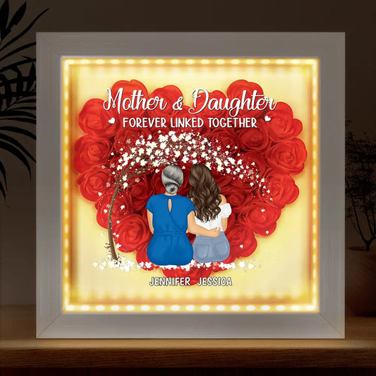 Gift For Mother,Mom - Daughters (Adult),Happy - Mother Daughter Forever Linked Together - Personalized LED Light Flower Shadow Box