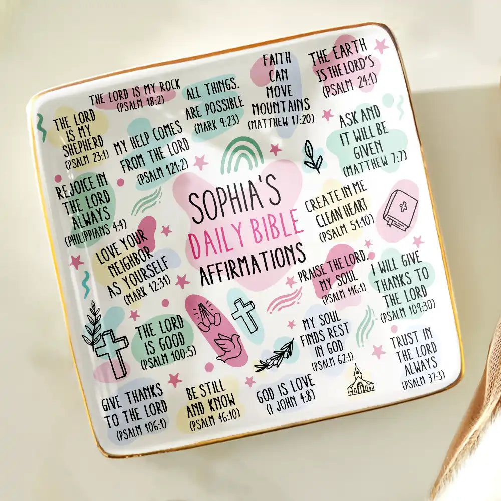 Personalized Bible Affirmations Ring Dish for Mom with personalized design details for meaningful gifting