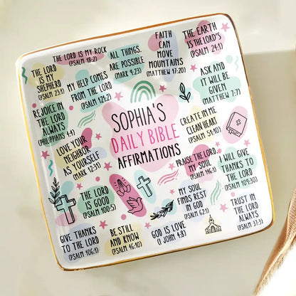 Personalized Bible Affirmations Ring Dish for Mom with personalized design details for meaningful gifting