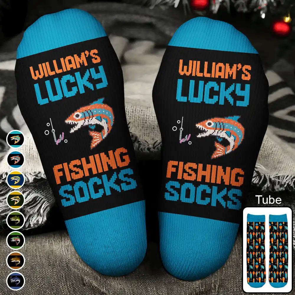 Personalized lucky fishing socks printed with custom name and fish graphics - fun outdoor gift for fishermen and dads