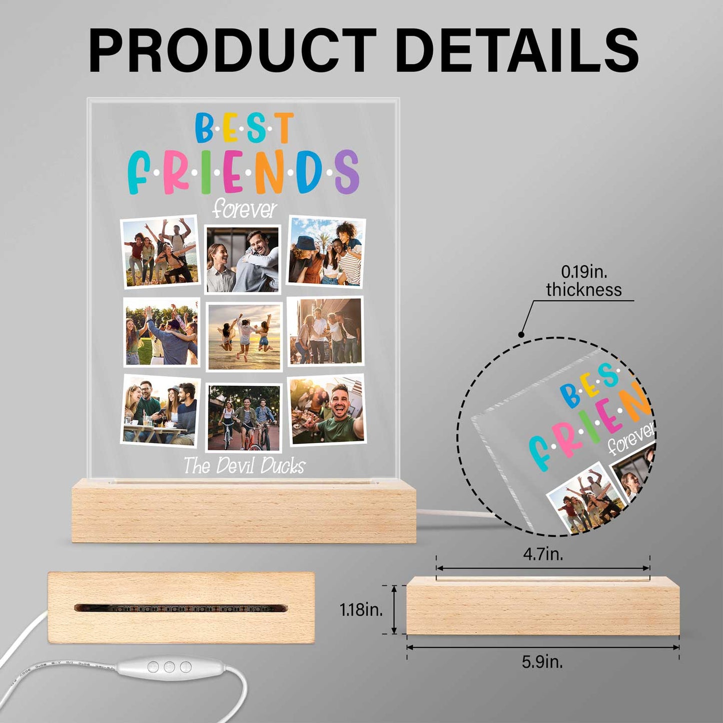 Custom Photo Best Friends Forever - Gift For BFF Besties - Personalized 3D Led Light Wooden Base