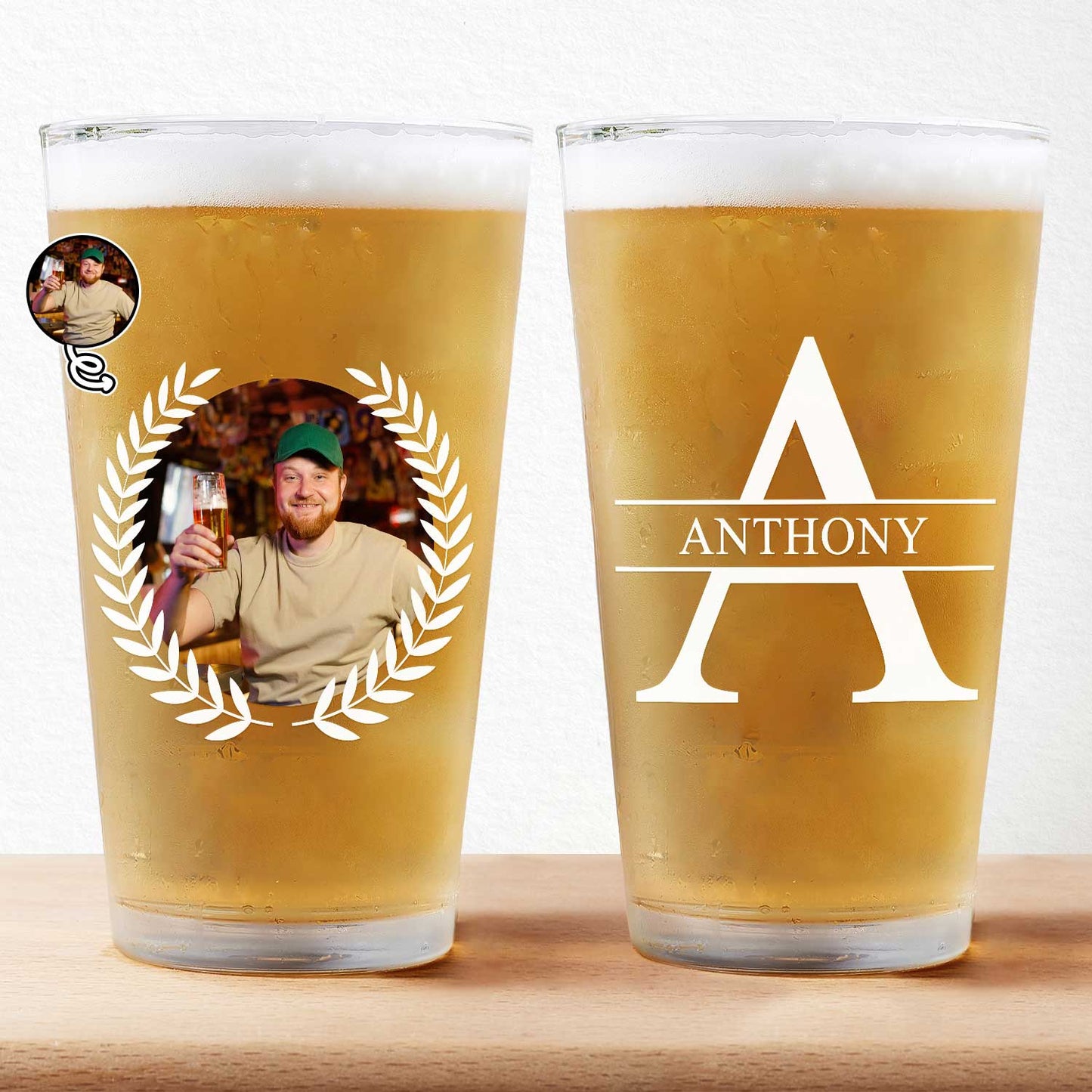 Custom Photo & Monogram Beer Glass - Personalized Gift for Dad, Grandpa & Husband