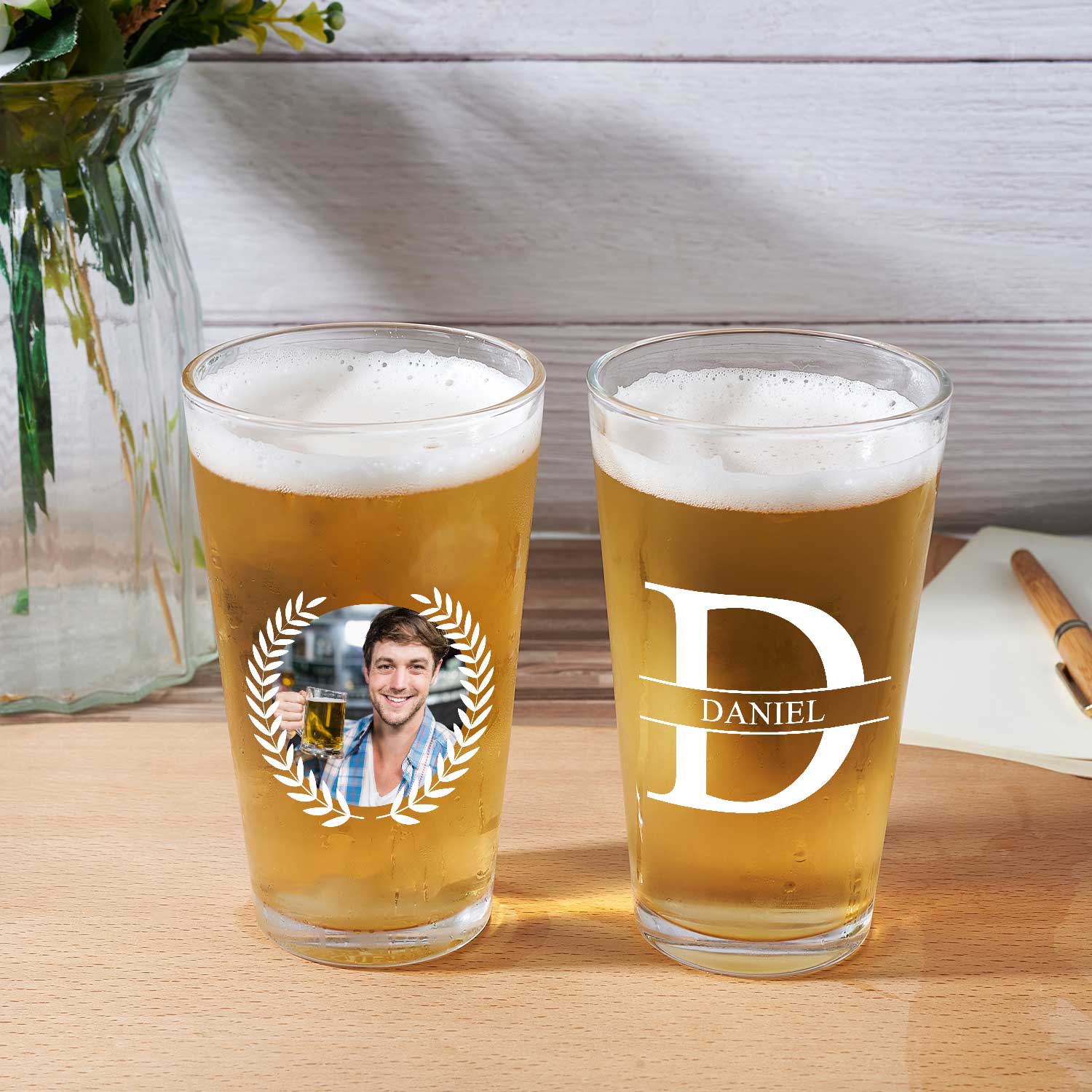 Custom Photo & Monogram Beer Glass - Personalized Gift for Dad, Grandpa & Husband