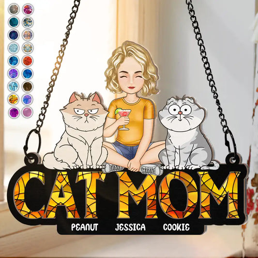 Cat Mom Funny Cartoon Cats - Personalized Window Hanging Suncatcher Ornament