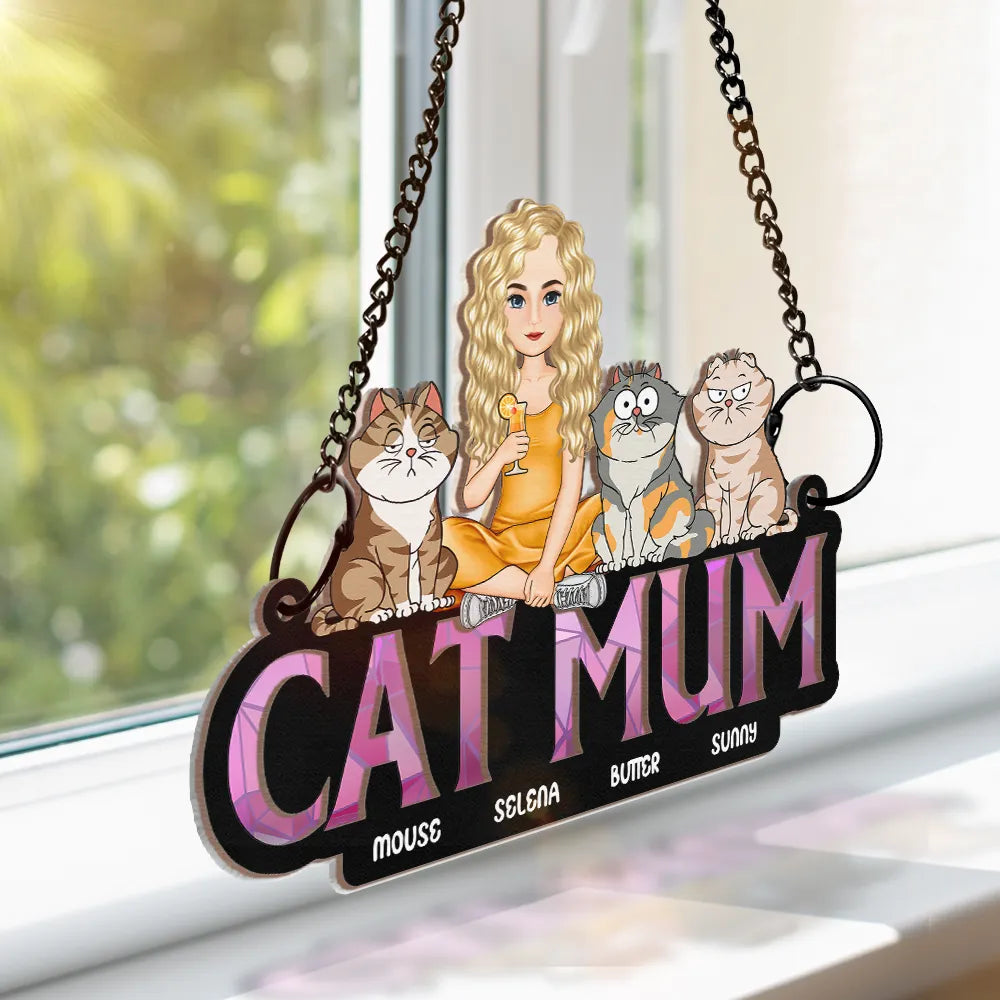 Cat Mom Funny Cartoon Cats - Personalized Window Hanging Suncatcher Ornament