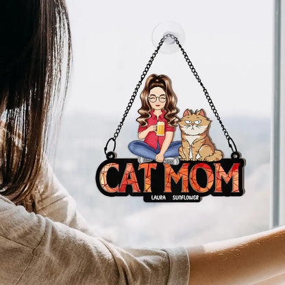 Cat Mom Funny Cartoon Cats - Personalized Window Hanging Suncatcher Ornament