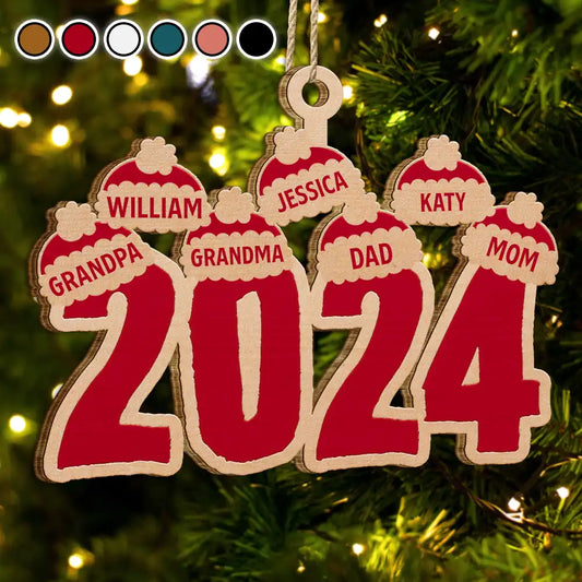 Personalized 2024 Family Santa Hat Wooden Christmas Keepsake Ornament