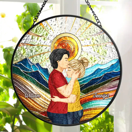 Couple Kissing In The Sun - Personalized Custom Stained Glass Window Hanging Suncatcher
