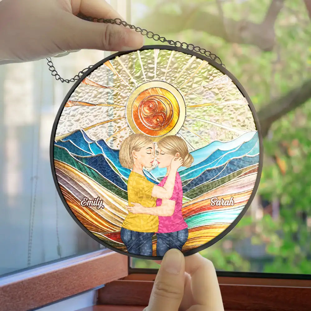 Couple Kissing In The Sun - Personalized Custom Stained Glass Window Hanging Suncatcher