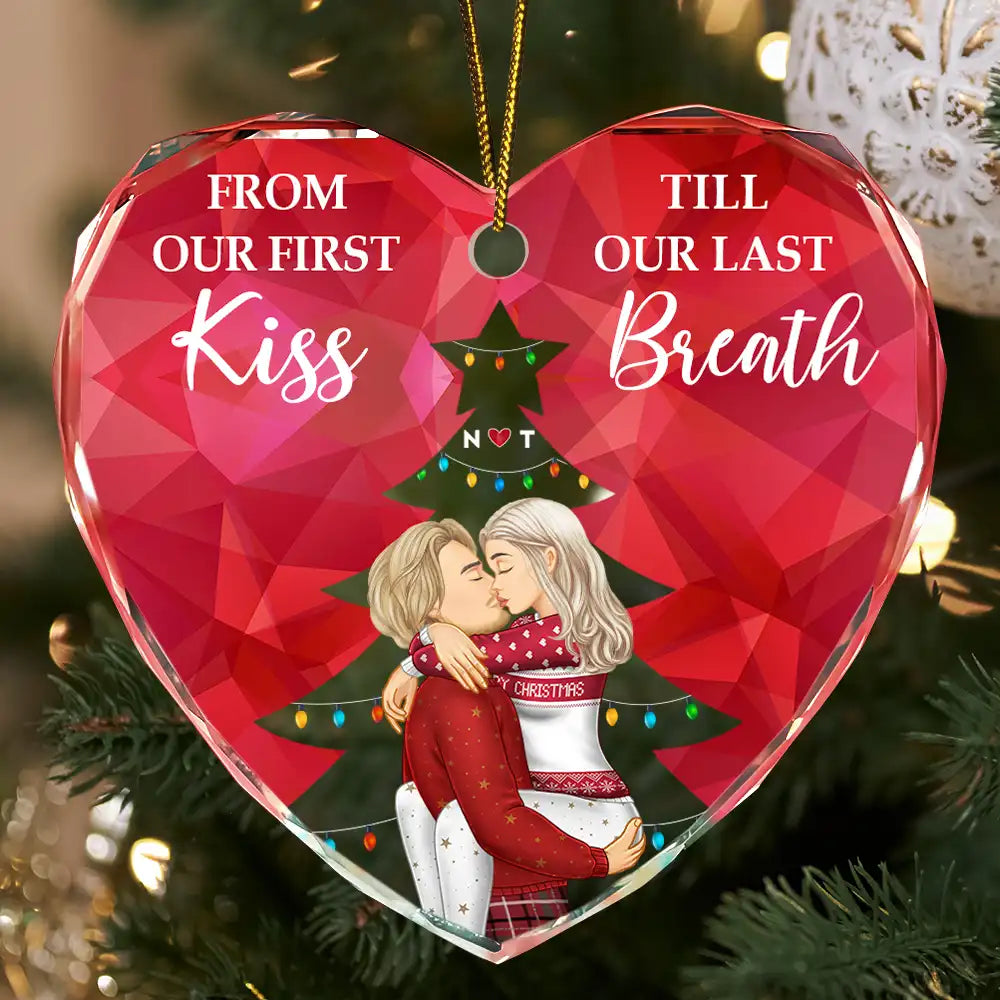 From Our First Kiss Till Our Last Breath Christmas Couple - Personalized Heart Shaped Glass Ornament