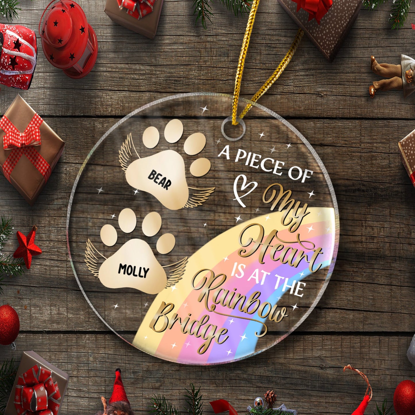 My Heart Is At The Rainbow Bridge - Christmas Memorial Gift For Dog Lovers - Personalized Custom Circle Acrylic Ornament