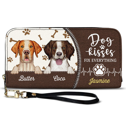 Dog Kisses Fix Everything - Personalized Leather Long Wallet