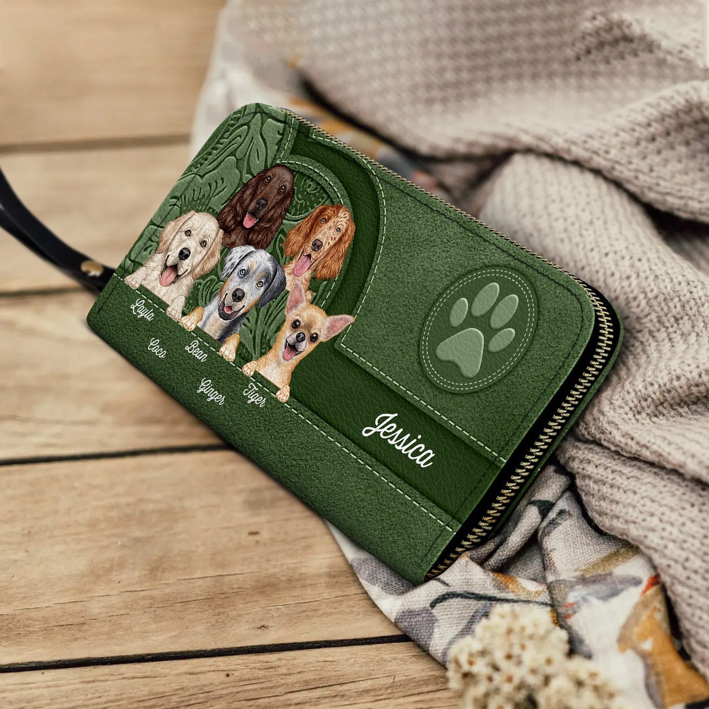 Personalized Cute Dogs Aesthetic Pattern Leather Long Wallet - Birthday Gift For Dog Mom, Dog Lovers