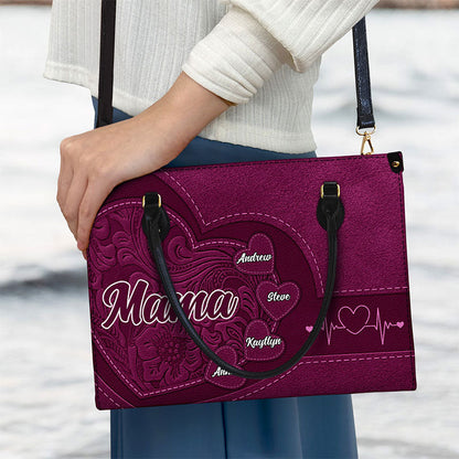 Personalized Leather Tote for Grandma | Grandkids' Names Heart Bag
