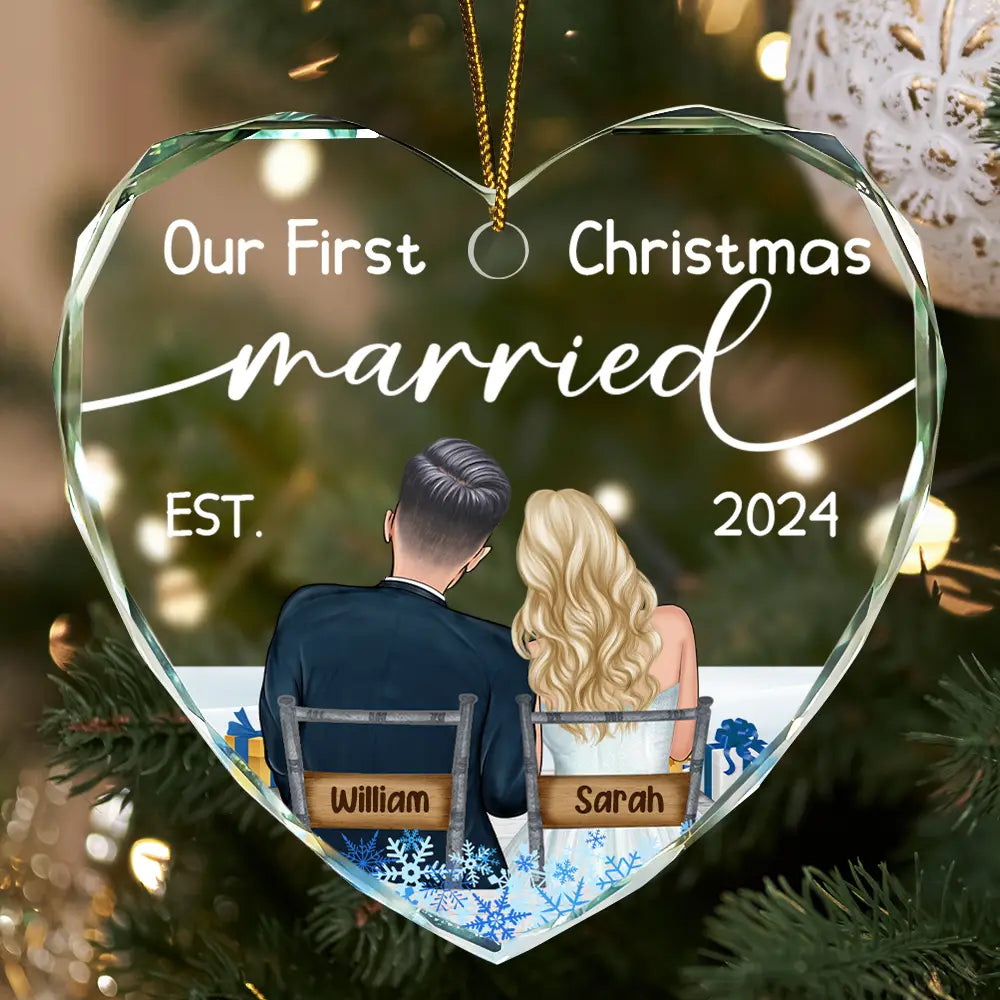 Gift For Couples - Our First Christmas Married Couples - Personalized Heart Shaped Glass Ornament