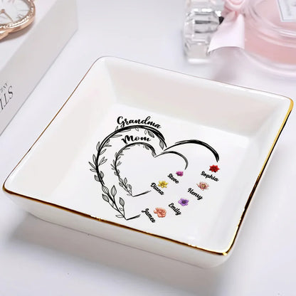 Gift For Grandma, Gift For Mother, Gift For Women - Mom Grandma Sweethearts Birth Month Flowers - Personalized Ring Dish