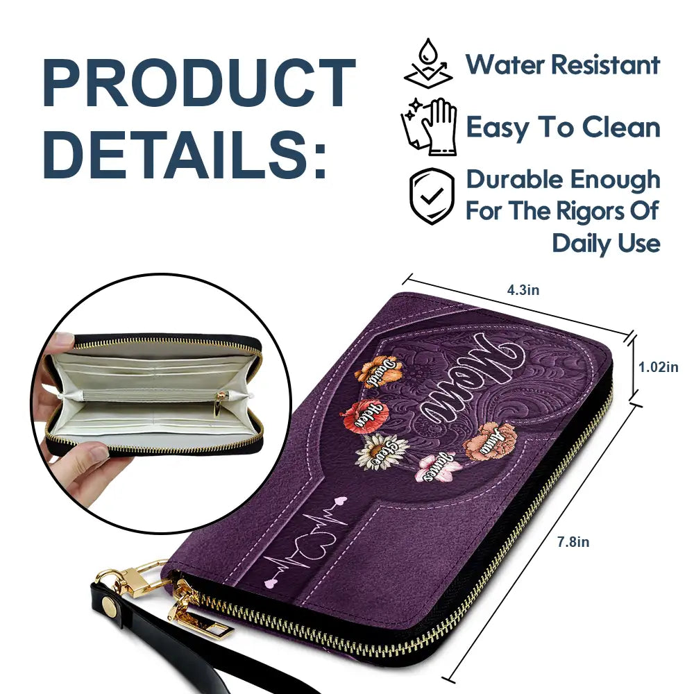 Gift For Grandma,Gift For Mother,Gift For Women,Happy - Grandma Mom Kids Birth Flowers Blooming In Love - Personalized Leather Long Wallet