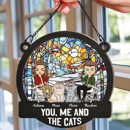 Camping You, Me And The Cats - Personalized Window Hanging Suncatcher Ornament