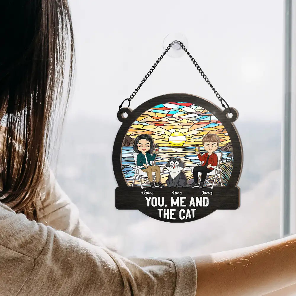 Camping You, Me And The Cats - Personalized Window Hanging Suncatcher Ornament