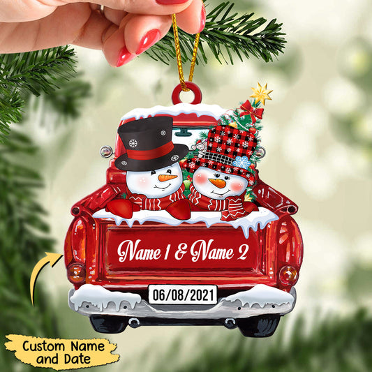 Personalized Red Truck Christmas Snowman Ornament - Custom Gift for Couples