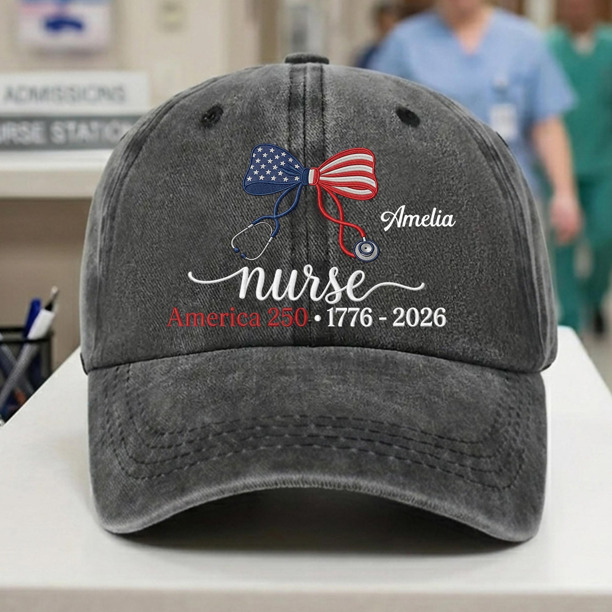 Personalized nurse patriotic denim cap with custom name and stethoscope bow design for America 250 anniversary