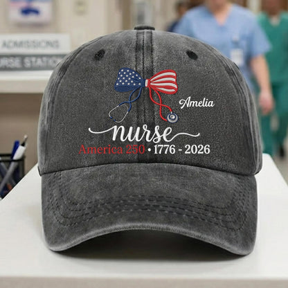 Personalized nurse patriotic denim cap with custom name and stethoscope bow design for America 250 anniversary