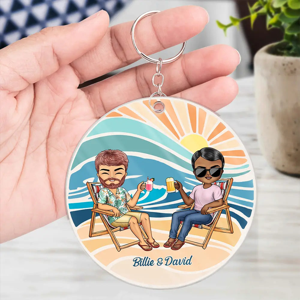 Husband And Wife Beach Sunset Chibi Couple - Personalized Acrylic Keychain