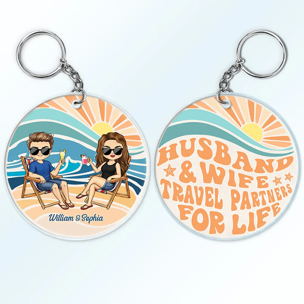 Husband And Wife Beach Sunset Chibi Couple - Personalized Acrylic Keychain