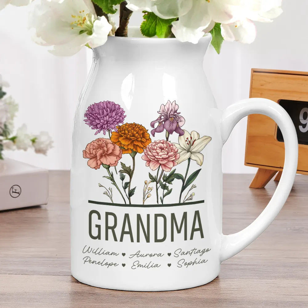 Gift For Wife,Gift For Mother,Gift For Grandma,Happy - Nana Grandma Mom Birth Flowers - Personalized Ceramic Flower Vase
