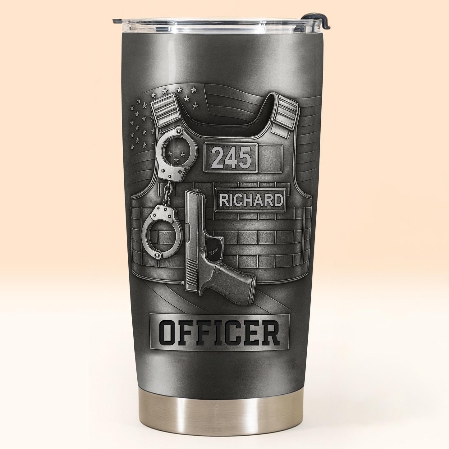 Personalized police officer tumbler featuring custom name Richard and badge number 245 on a tactical vest design image 10