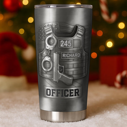 Personalized police officer tumbler featuring custom name Richard and badge number 245 on a tactical vest design image 9