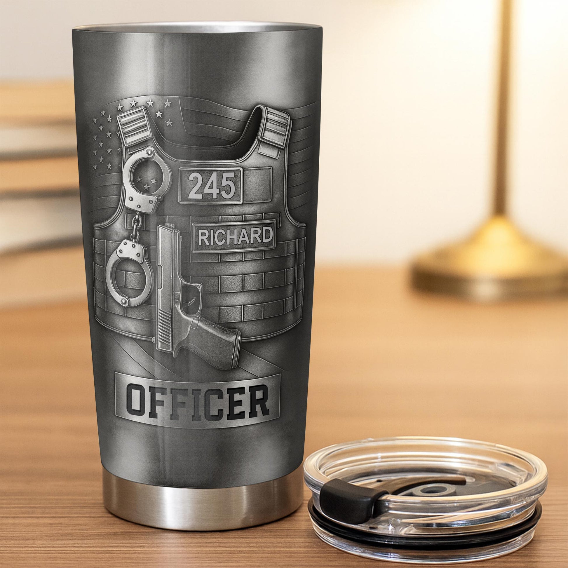 Personalized police officer tumbler featuring custom name Richard and badge number 245 on a tactical vest design image 6