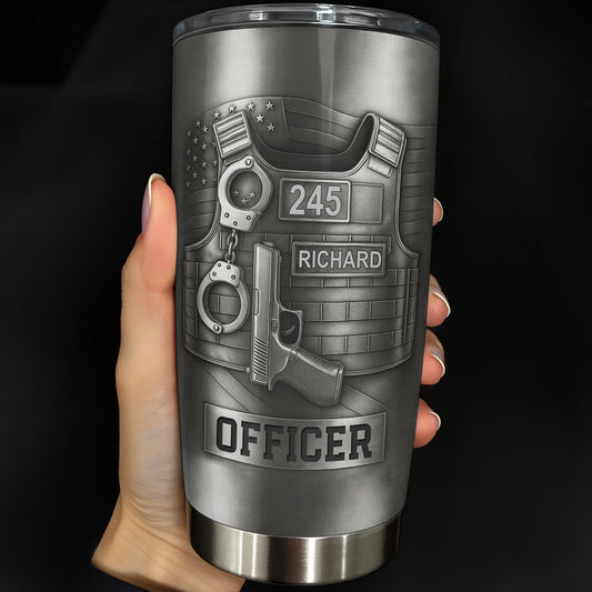 Personalized police officer tumbler featuring custom name Richard and badge number 245 on a tactical vest design