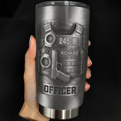 Personalized police officer tumbler featuring custom name Richard and badge number 245 on a tactical vest design