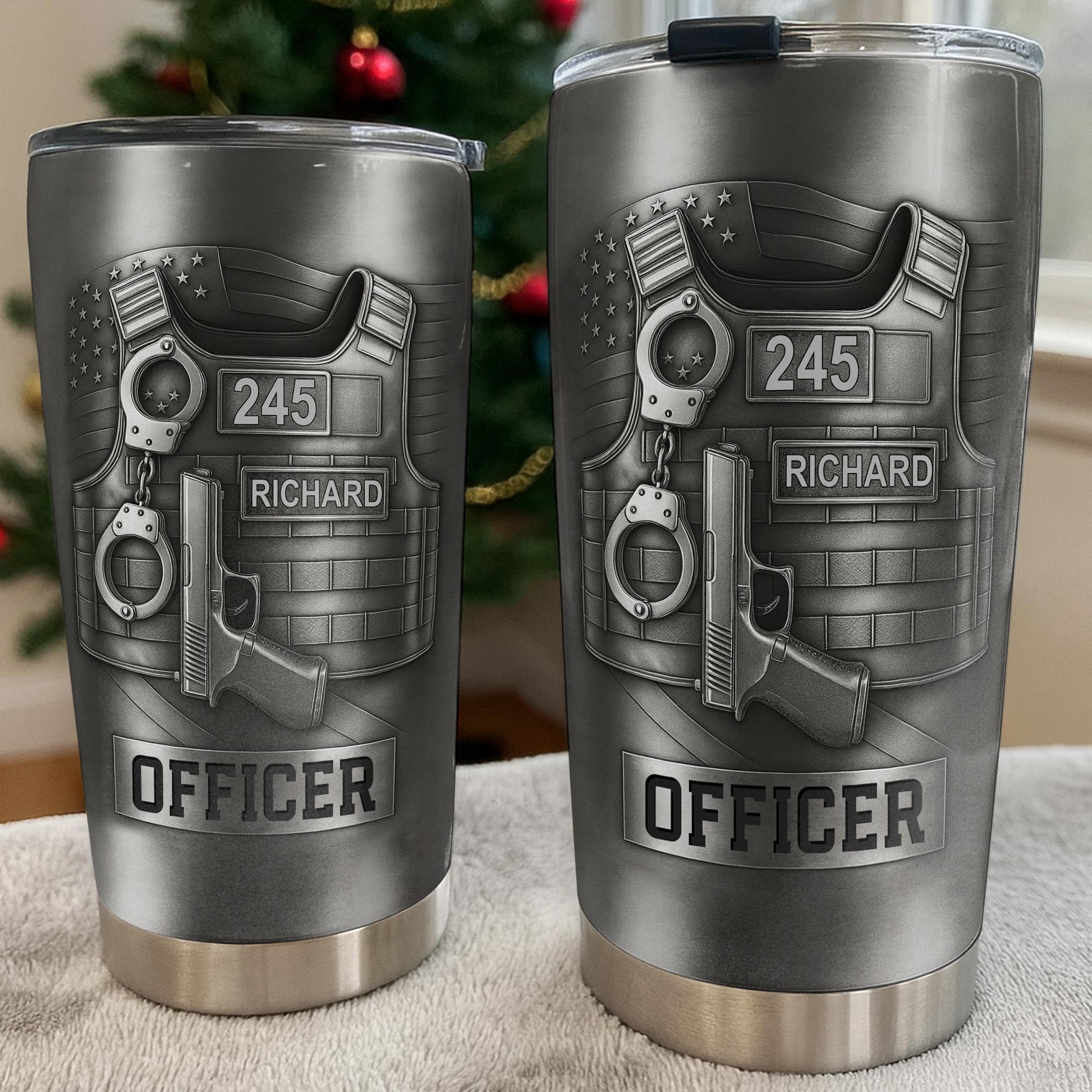 Personalized police officer tumbler featuring custom name Richard and badge number 245 on a tactical vest design image 7
