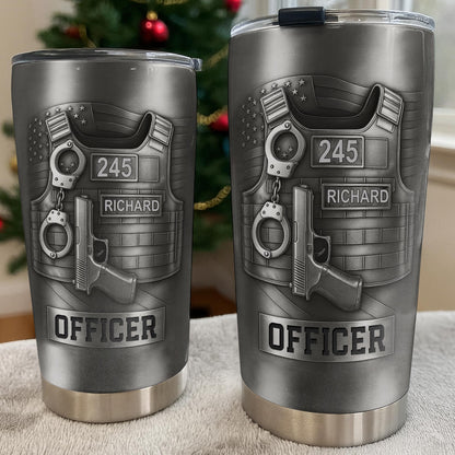 Personalized police officer tumbler featuring custom name Richard and badge number 245 on a tactical vest design image 7