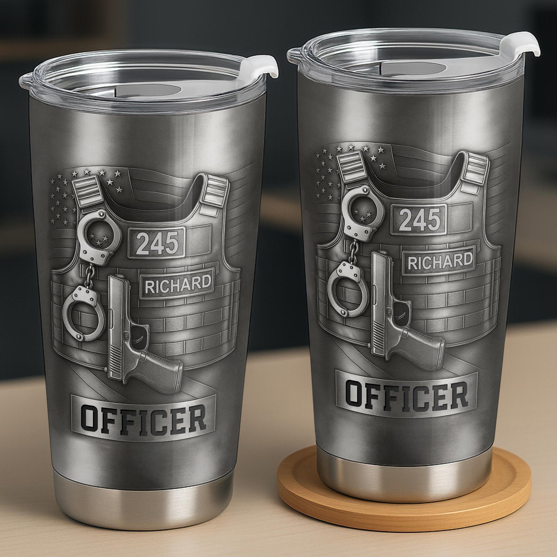 Personalized police officer tumbler featuring custom name Richard and badge number 245 on a tactical vest design image 8
