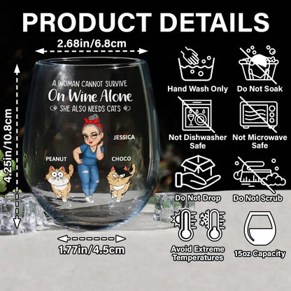 Cat Lovers,Cat Mom,Cat Dad - Turban Woman Cannot Survive On Wine Alone Cat Mom Cartoon Go Toward - Personalized Stemless Wine Glass
