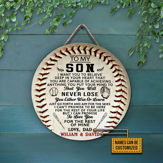 Personalized Baseball Wood Sign From Dad To Son - Never Lose, Win Or Learn